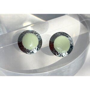 Vintage Silver & Green Toned Hammered Round 80's Statement Retro Studs